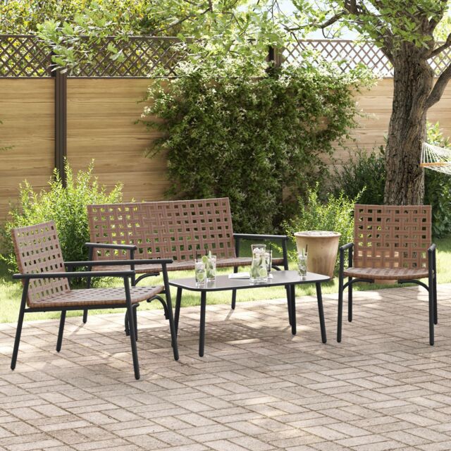 Berkfield Home 4 Piece Outdoor Coffee Set Brown Rattan & Steel - image 1