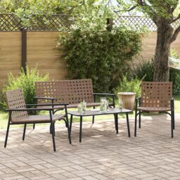 Berkfield Home 4 Piece Outdoor Coffee Set Brown Rattan & Steel - thumbnail 1