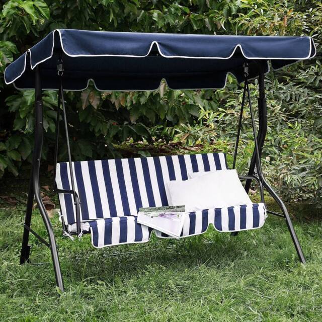 Wyld and Coco 3-Seater Patio Swing Chair Blue Striped Canopy Steel Frame - image 1