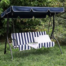 Wyld and Coco 3-Seater Patio Swing Chair Blue Striped Canopy Steel Frame - thumbnail 1