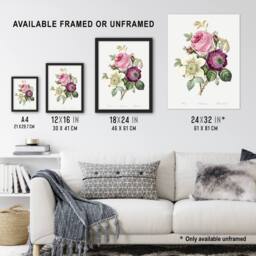 "Artery8 Anemone & Cabbage Rose Flower Redoute Vintage Wall Art Print Poster in White - Size: W12"" x H16""" - thumbnail 3