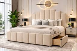 PARADISE BEDS LTD PLUSH VELVET DIVAN BED SET WITH HEADBOARD & DRAWERS in Beige - Size: King