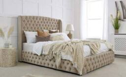 PARADISE BEDS LTD Luxury High Headboard Button Ottoman Bed Frame with Gas Lift Storage in Beige - Size: King - thumbnail 4