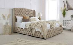 PARADISE BEDS LTD Luxury High Headboard Button Ottoman Bed Frame with Gas Lift Storage in Beige - Size: King - thumbnail 3