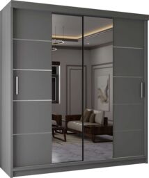 MN Furniture Wardrobe Modern Sliding Mirror Door - LED Light 150cm x 217cm in Grey - Size: 150 cm x 217 cm - thumbnail 2