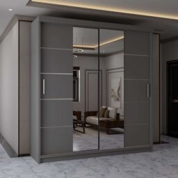 MN Furniture Wardrobe Modern Sliding Mirror Door - LED Light 150cm x 217cm in Grey - Size: 150 cm x 217 cm - thumbnail 1