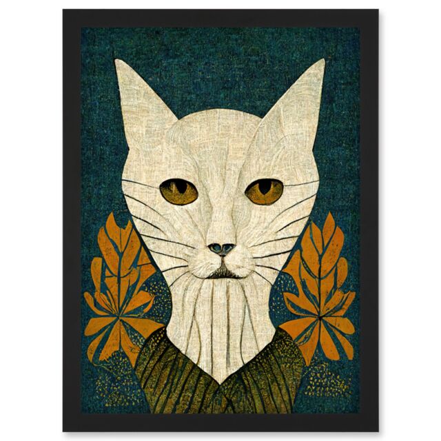Artery8 Elegant Cat Illustration William Morris Style Teal Mustard Artwork Framed Wall Art Print A4 in Black - image 1