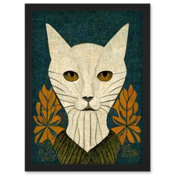 Artery8 Elegant Cat Illustration William Morris Style Teal Mustard Artwork Framed Wall Art Print A4 in Black - thumbnail 1