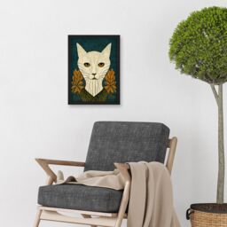 Artery8 Elegant Cat Illustration William Morris Style Teal Mustard Artwork Framed Wall Art Print A4 in Black - thumbnail 2