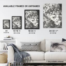 Artery8 Spring Flowers Black & White Vintage Framed Wall Art Print van Hoytema in Grey - Size: A4 - thumbnail 3