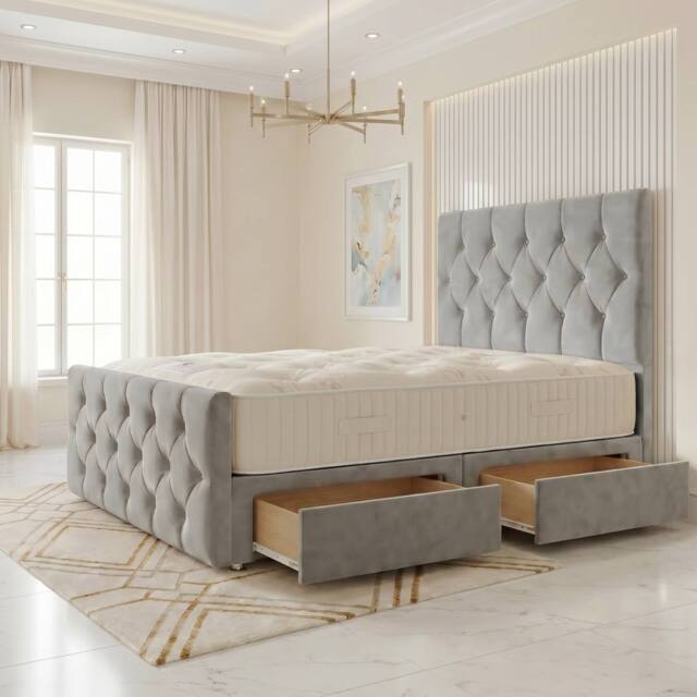 "Somnior Ziggy Velvet Divan Bed Mattress 2 Draw 54"" Headboard 22"" Footboard in Silver - Size: Single" - image 1