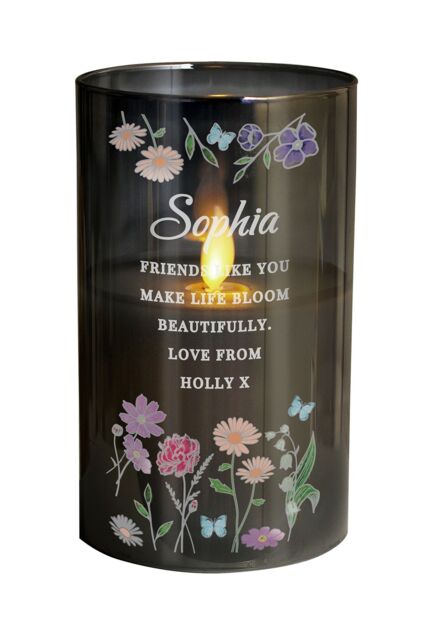 Personalised Memento Company Women's Personalised Wild Flowers Smoked Glass LED Candle in Black - image 1