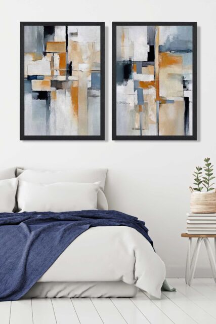 ARTZE Abstract Blue & Orange Set of 2 Art Prints in Black Frames in Navy - Size: A2 - image 1