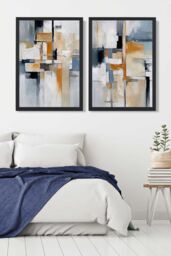 ARTZE Abstract Blue & Orange Set of 2 Art Prints in Black Frames in Navy - Size: A2 - thumbnail 1