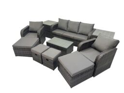 Fimous Outdoor Garden Rattan Furniture Set 9 Seater with 4 Stool 2 Side Table in Dark Grey - thumbnail 1