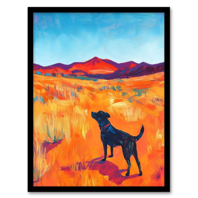 "Artery8 Black Labrador in Countryside Landscape Dog Lover Framed Art Print in Orange - Size: W12"" x H16""" - image 1