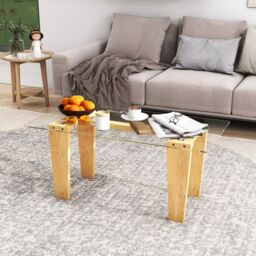 Costway Rectangle Coffee Table Modern Tempered Glass Top Accent Table Sofa Center Table in Natural - thumbnail 2