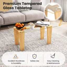 Costway Rectangle Coffee Table Modern Tempered Glass Top Accent Table Sofa Center Table in Natural - thumbnail 4