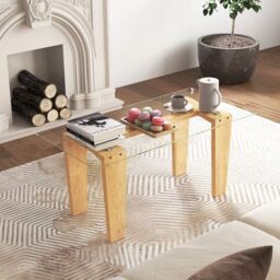 Costway Rectangle Coffee Table Modern Tempered Glass Top Accent Table Sofa Center Table in Natural - thumbnail 5
