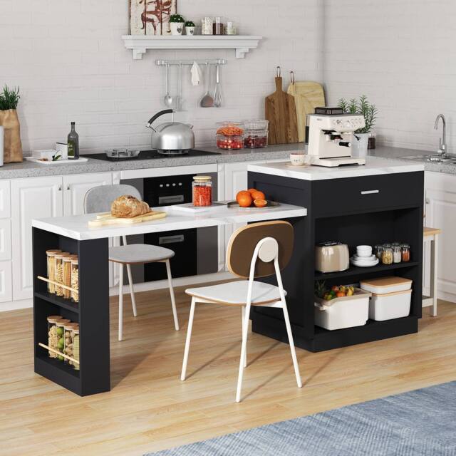 Merax Kitchen Island Cabinet with Extendable Dining Table & Charging Station in Black - image 1