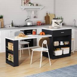 Merax Kitchen Island Cabinet with Extendable Dining Table & Charging Station in Black