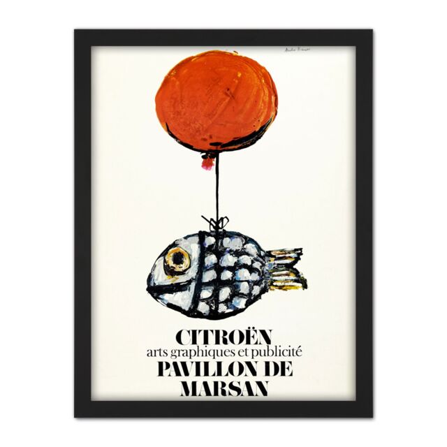 "Artery8 Wall Art Print Francois Automobile Exhibition Fish Balloon Advert Large Framed Wall Décor Art in Brown - Size: W18"" x H24""" - image 1