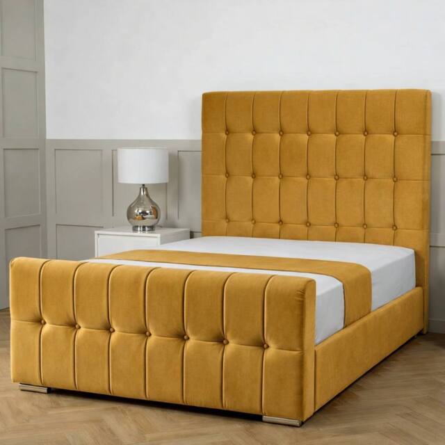 Living Comfort Bedz Belmont Plush Velvet Upholstered Bed Slatted Base - 48 Inch Headboard in Mustard - Size: Double - image 1
