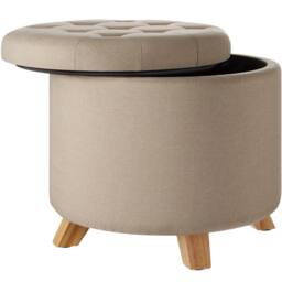 tectake Stool Suna - Round, Padded, Linen Look, Large Storage Space in Light Sand - thumbnail 1