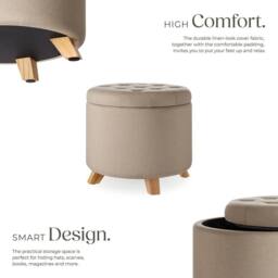 tectake Stool Suna - Round, Padded, Linen Look, Large Storage Space in Light Sand - thumbnail 3