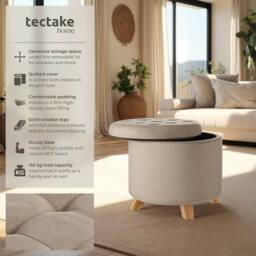 tectake Stool Suna - Round, Padded, Linen Look, Large Storage Space in Light Sand - thumbnail 2