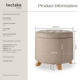 tectake Stool Suna - Round, Padded, Linen Look, Large Storage Space in Light Sand - thumbnail 6