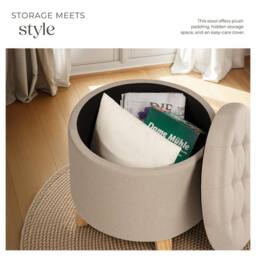 tectake Stool Suna - Round, Padded, Linen Look, Large Storage Space in Light Sand - thumbnail 4