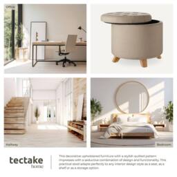 tectake Stool Suna - Round, Padded, Linen Look, Large Storage Space in Light Sand - thumbnail 7