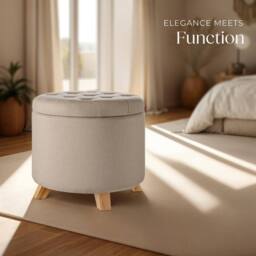 tectake Stool Suna - Round, Padded, Linen Look, Large Storage Space in Light Sand - thumbnail 8