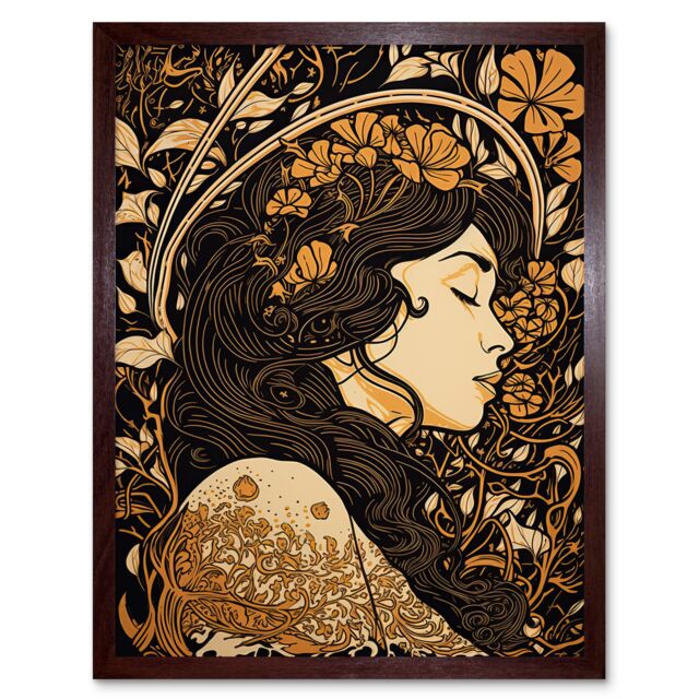 "Artery8 Wall Art Print Sleeping Beauty Modern Art Nouveau Art Framed in Brown - Size: W12"" x H16""" - image 1