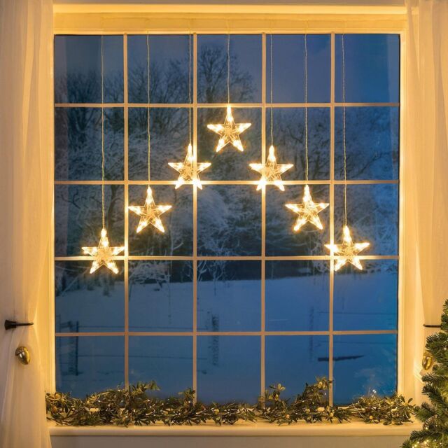 Christow Christmas Curtain Lights LED Star Window Decoration Battery Timer H90cm x W84cm in Cream - image 1