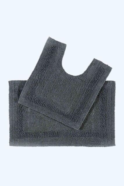 Homescapes Luxury Bath Mat Set Reversible 1600GSM 100% Cotton 2 Pc w. Pedestal Mat in Grey - image 1