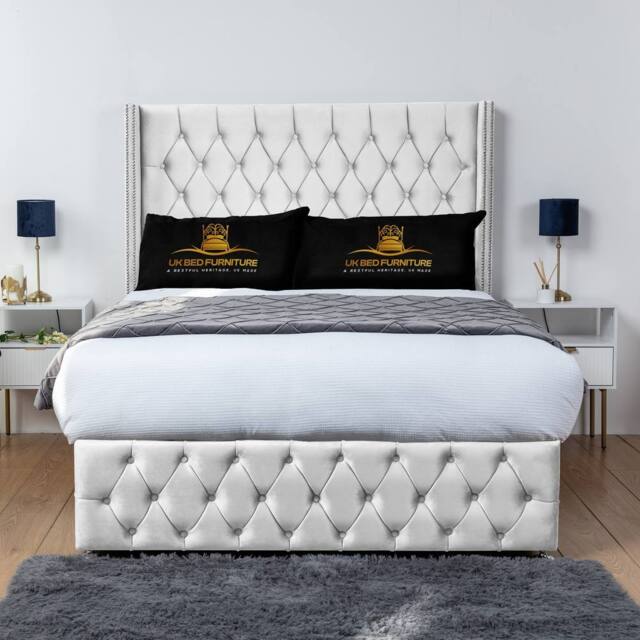 UK Bed Furniture Jasmine Wingback Divan Bed Base with 54 Inch Headboard - No Storage in White - Size: Super King - image 1