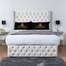 UK Bed Furniture Jasmine Wingback Divan Bed Base with 54 Inch Headboard - No Storage in White - Size: Super King