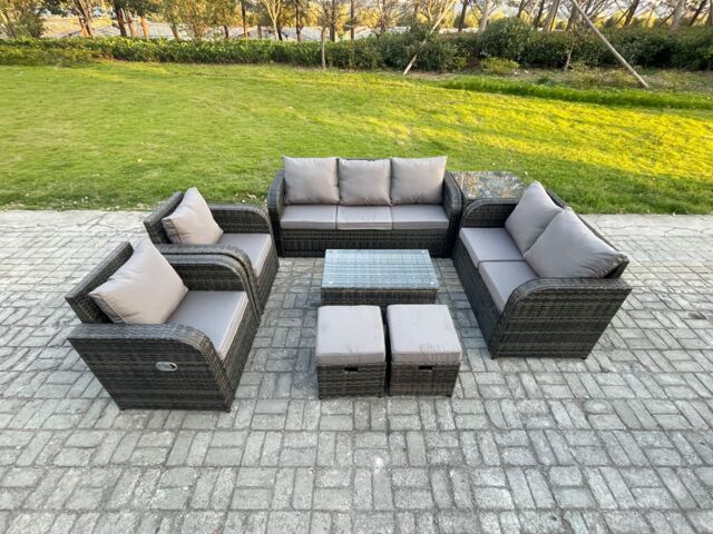 Fimous 9 Seater Rattan Wicker Garden Furniture Patio Conservatory Sofa Set with Rectangular Coffee Table 3 Seater Sofa Love Sofa 2 Small Footstools - image 1