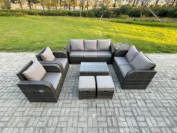 Fimous 9 Seater Rattan Wicker Garden Furniture Patio Conservatory Sofa Set with Rectangular Coffee Table 3 Seater Sofa Love Sofa 2 Small Footstools - thumbnail 1