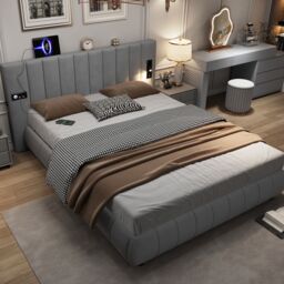 Matteo Upholstered Bed, Adults Teenagers King Size With Stereo, 3 Type A +1 Type C in Grey - Size: Double - thumbnail 1