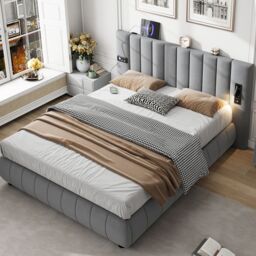 Matteo Upholstered Bed, Adults Teenagers King Size With Stereo, 3 Type A +1 Type C in Grey - Size: Double - thumbnail 2