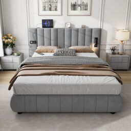 Matteo Upholstered Bed, Adults Teenagers King Size With Stereo, 3 Type A +1 Type C in Grey - Size: Double - thumbnail 3