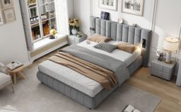 Matteo Upholstered Bed, Adults Teenagers King Size With Stereo, 3 Type A +1 Type C in Grey - Size: Double - thumbnail 9