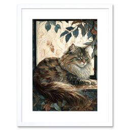 "Artery8 Wall Art Print Siberian Cat Perched on Window Sill in Autumn Modern Artwork Framed 9X7 Inch in White - Size: W7"" x H9""" - thumbnail 1