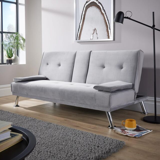 Home Source Double Sofa Bed Folding Chair Armrests Crushed Velvet Metal Legs Couch in Light Grey - image 1