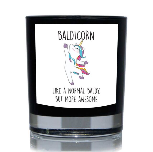 60 SECOND MAKEOVER Baldicorn, Like A Normal Baldy But More Awesome Unicorn Funny 20cl Candle in Black