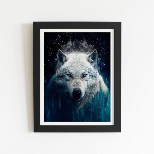 "Warren Reed - Designer White Wolf Face Splashart Framed Art Print in Black - Size: W16"" x H24""" - image 1