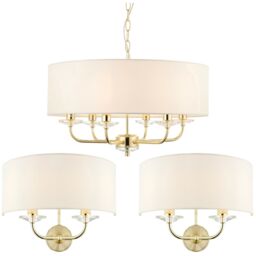 Loops 6 Bulb Ceiling Pendant Lamp & 2x Matching Twin Wall Light Modern Brass Plate in Metallics